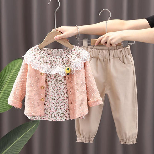 Broken Flower Wave Point Sweater Cardigan Three Piece Set